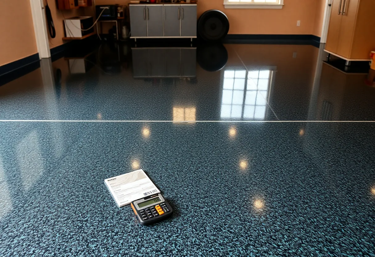 Glossy metallic-flake polyurea coated garage floor in a Louisiana home reflecting overhead lights under a parked car