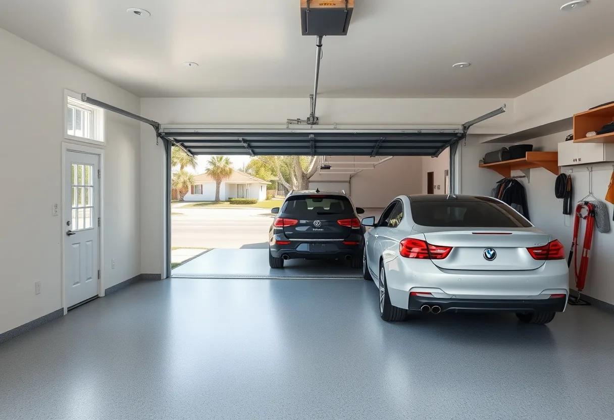 Finished two-car garage in a Louisiana home with a glossy gray-and-blue flake-coated floor
