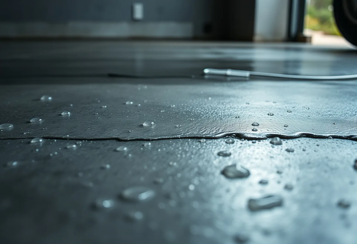 Beads of moisture forming on a bare gray concrete garage slab in a humid Louisiana home, showing water vapor rising through the surface