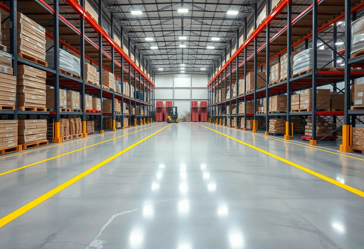Bright white high-build epoxy warehouse floor with painted safety lane striping and a forklift moving loaded pallets