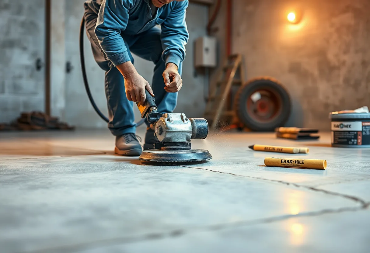 Contractor diamond-grinding a Louisiana garage slab to a clean concrete surface profile before coating