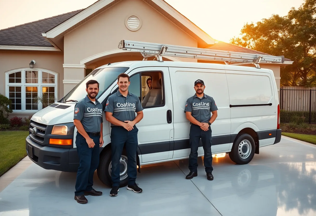 Louisiana Polyurea crew and work van outside a home with a freshly coated garage floor