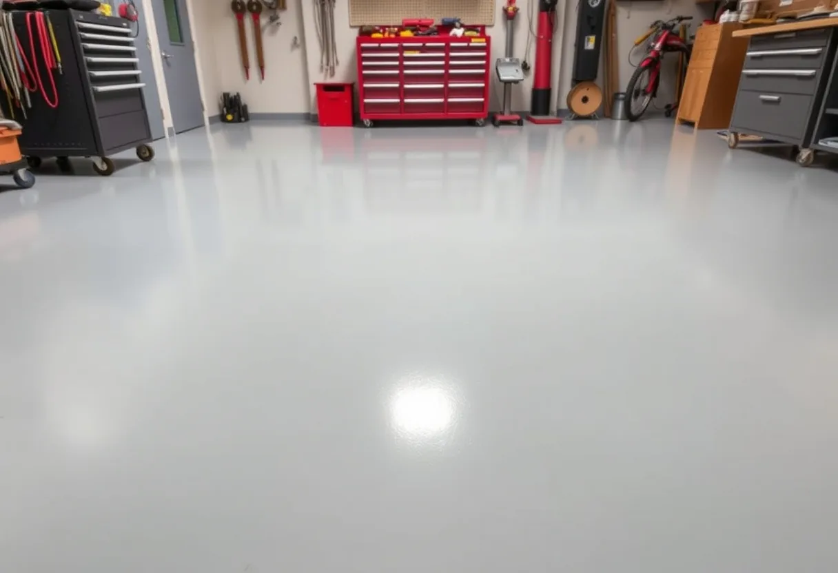 Freshly installed gray flake epoxy floor coating in a clean Louisiana garage with a glossy finish
