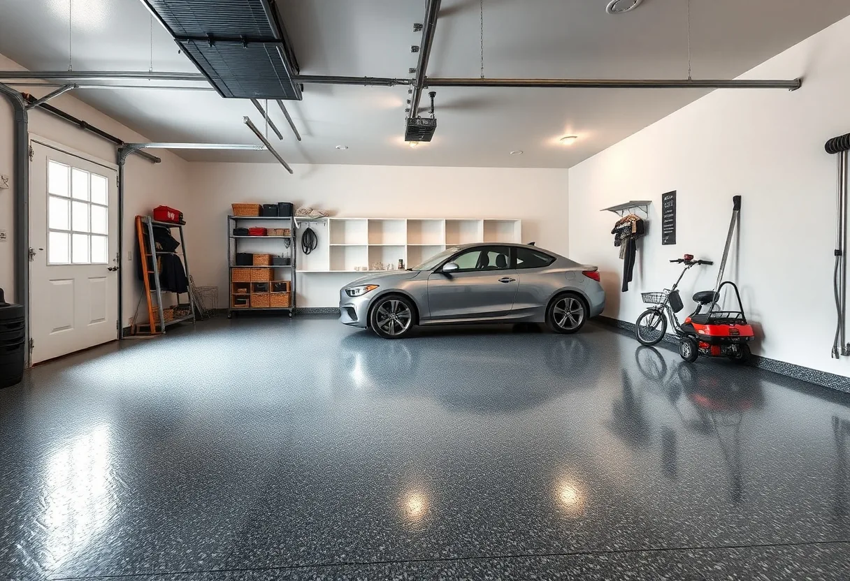 Freshly coated residential garage floor with a gray and blue vinyl flake finish and a high-gloss clear topcoat