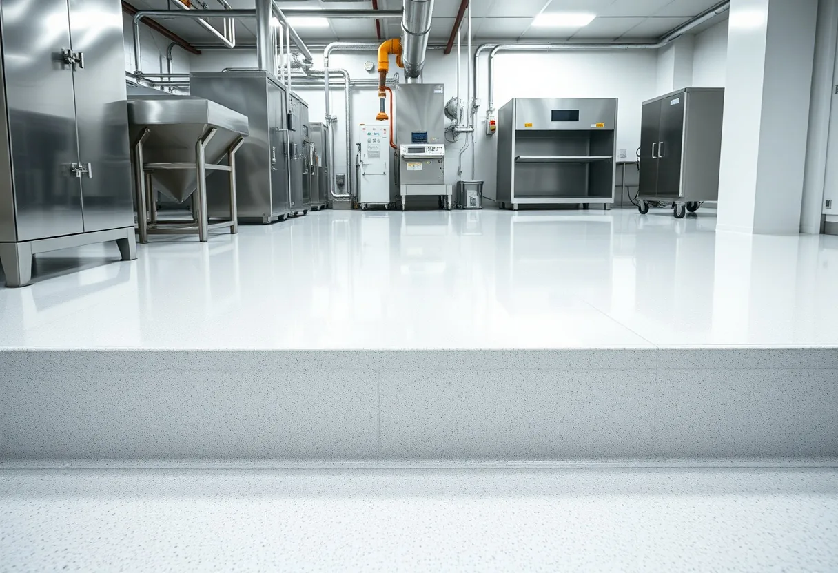 Seamless urethane cement floor in a stainless-steel Louisiana food-processing plant with sanitary cove base