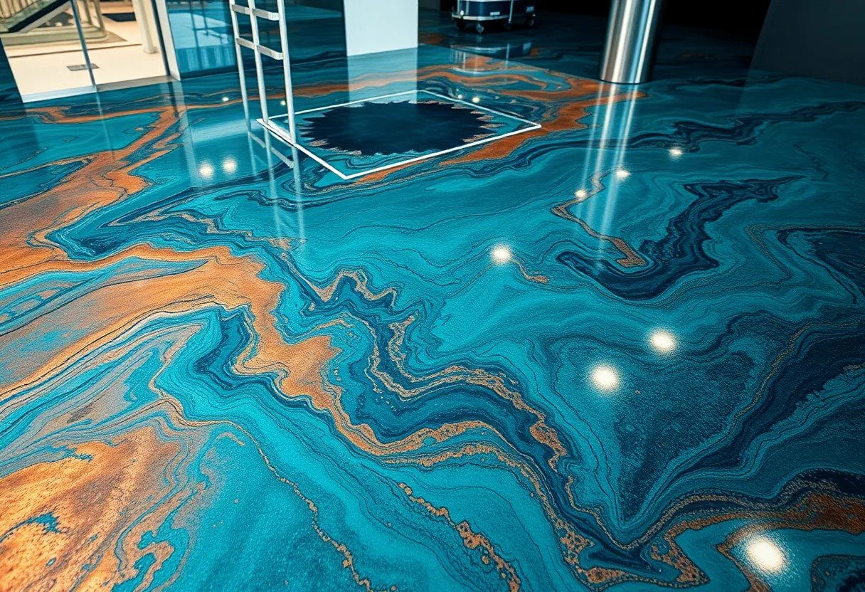 Glossy blue-and-silver metallic epoxy floor with a swirling three-dimensional marble effect in a Louisiana showroom