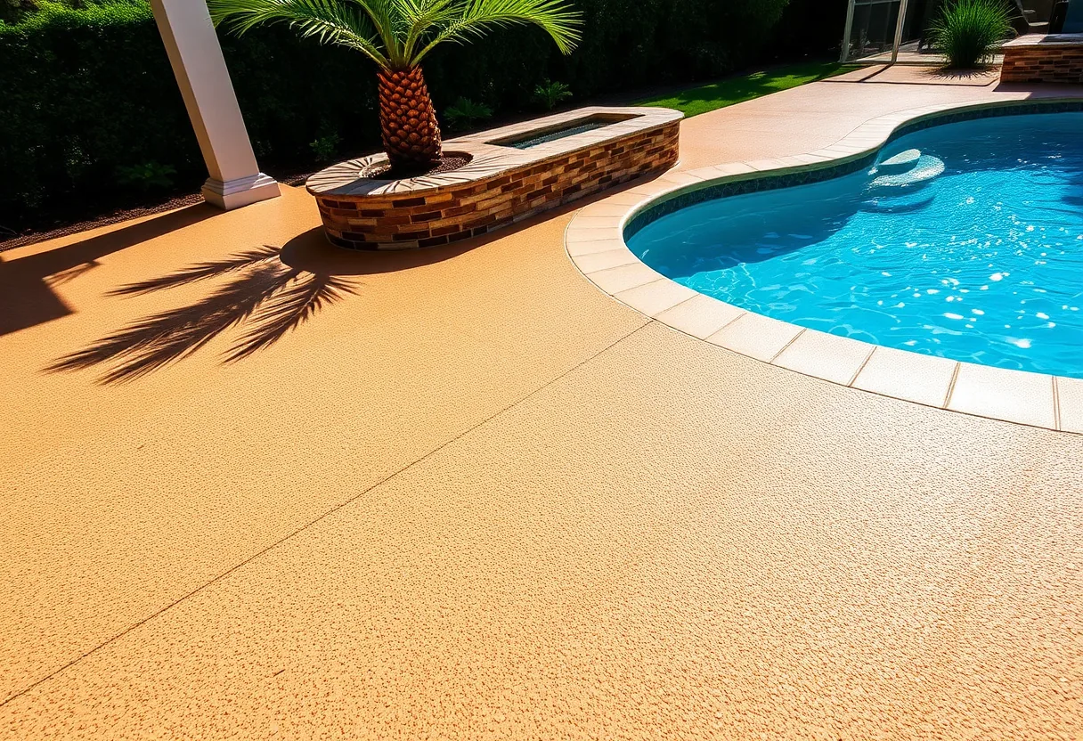Freshly coated flake-finish pool deck surrounding a backyard swimming pool on a bright Louisiana afternoon
