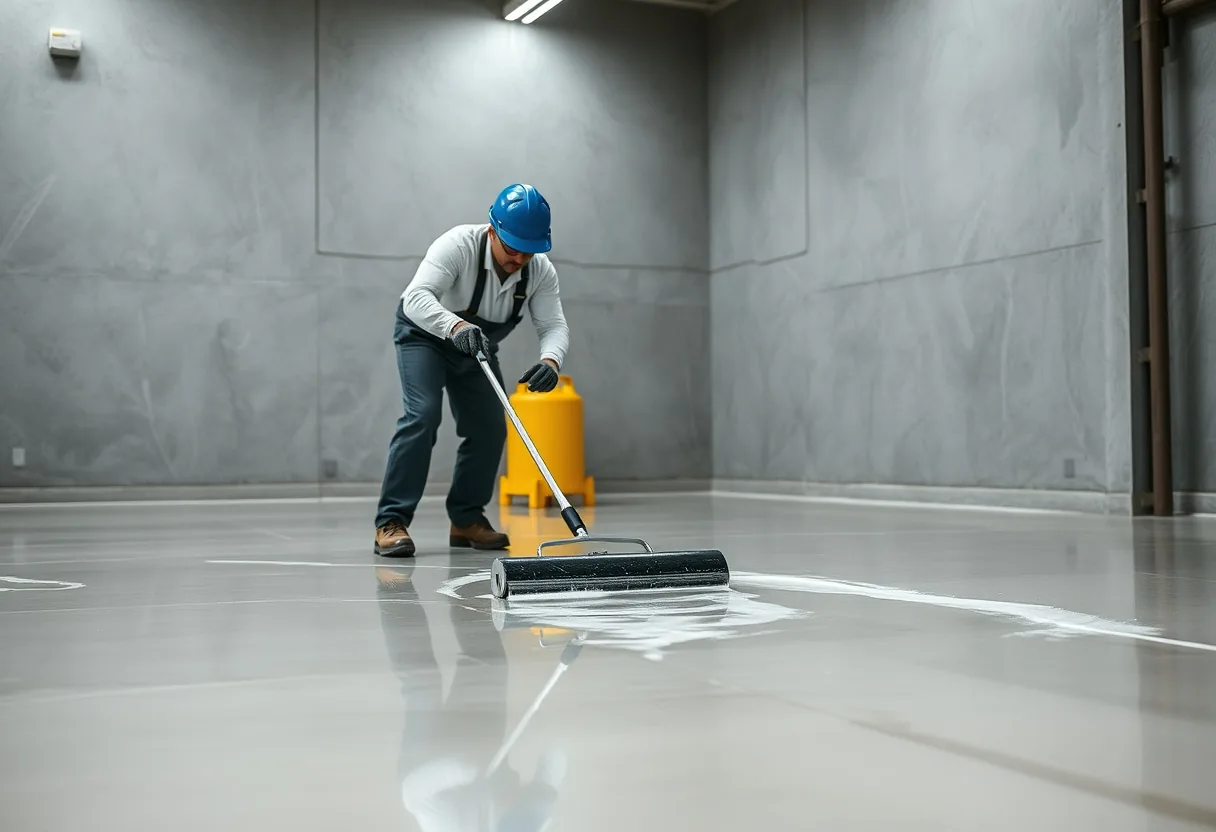 Freshly installed polyaspartic flake floor coating in a Louisiana residential garage with a glossy chip finish