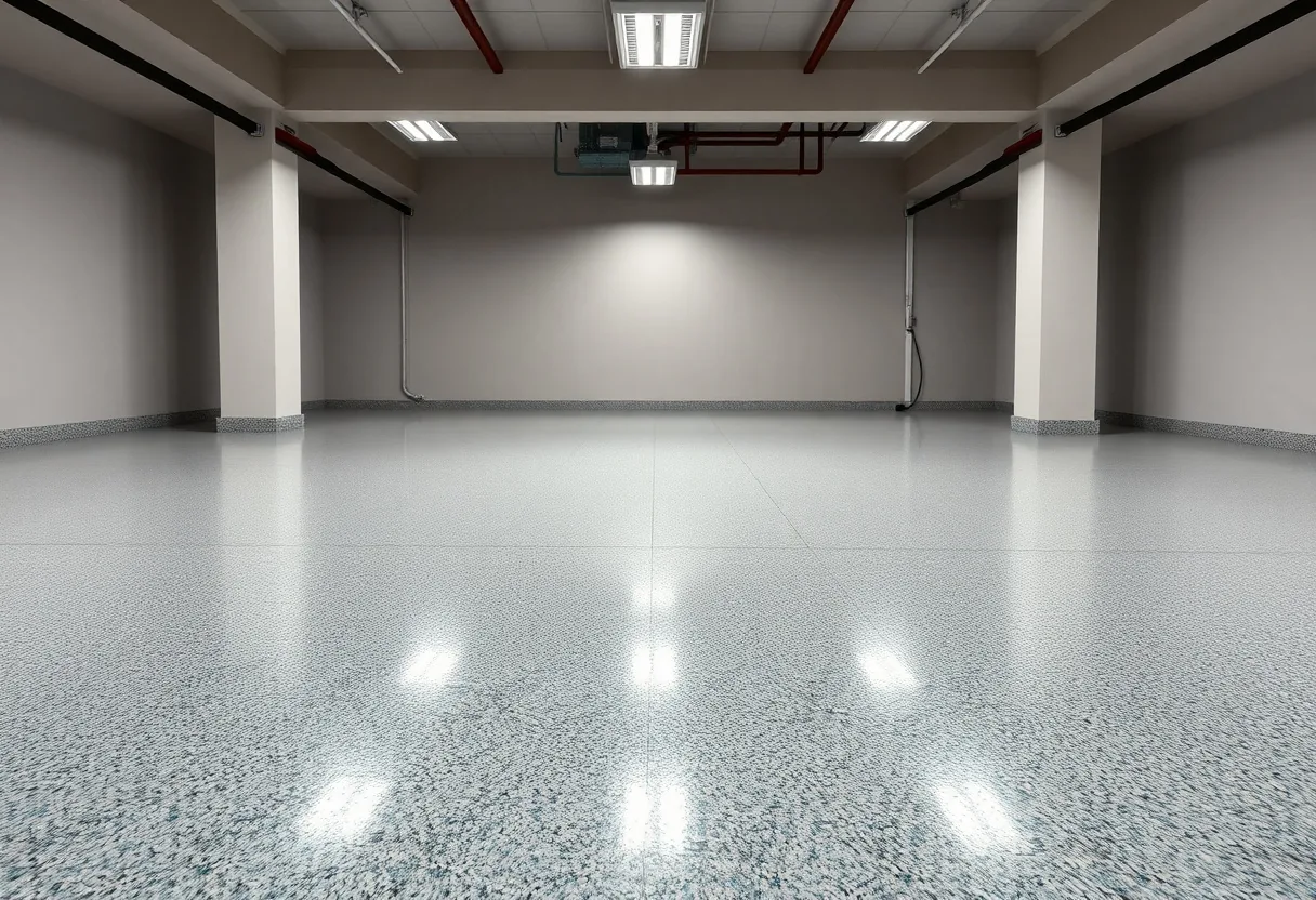 High-gloss metallic-flake coated concrete floor in a Louisiana garage catching the light