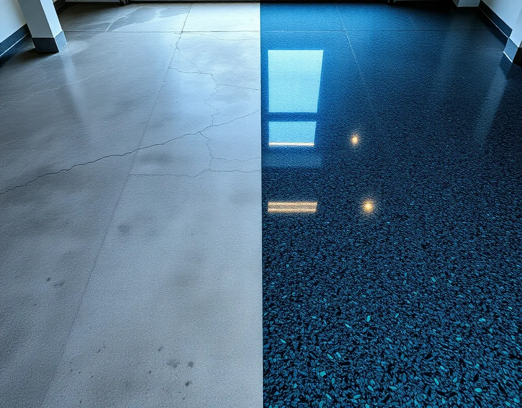 Before-and-after split of cracked bare concrete beside a glossy flake-coated garage floor